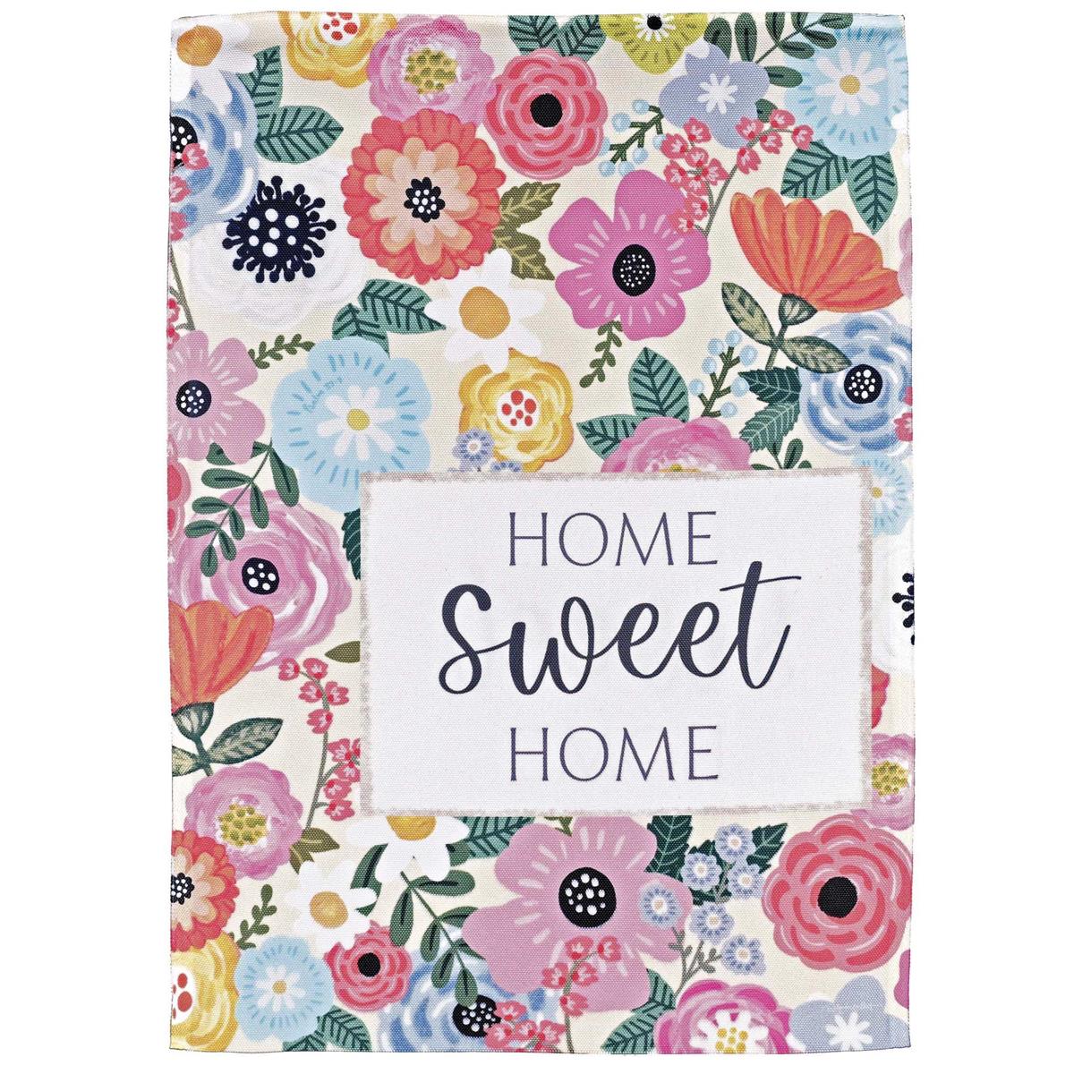 Home Sweet Home Floral Garden Flag, 13x18 inches, featuring a vibrant floral design, displayed outdoors with sunlight creating a stained-glass effect.