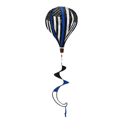 Hot air balloon spinner with patriotic tribute, stars and shield design, and swirling tail for outdoor décor that honors those who protect and serve.