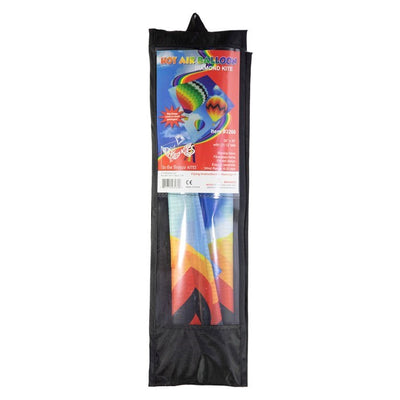 Hot Air Balloon 30" Diamond Kite with colorful design flying in a blue sky, showing vibrant colors and tails against a sunny backdrop.