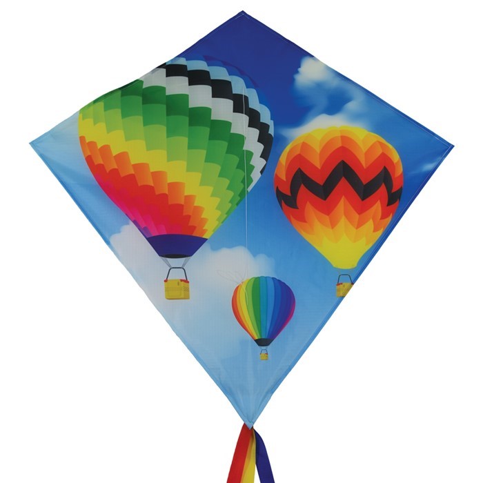 Hot Air Balloon 30" Diamond Kite with colorful design flying in a blue sky, showing vibrant colors and tails against a sunny backdrop.