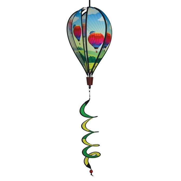 Colorful Hot Air Balloon spinner in vibrant fabric spinning in a garden setting, showcasing unique designs on each panel as it catches the wind.