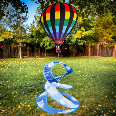 Colorful Hot Air Balloon Theme Duet spinner hanging outdoors, featuring a vibrant hot air balloon design that spins beautifully in the wind.