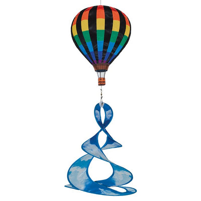 Colorful Hot Air Balloon Theme Duet spinner hanging outdoors, featuring a vibrant hot air balloon design that spins beautifully in the wind.