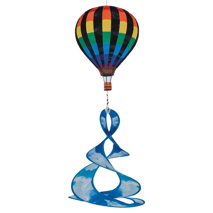 Colorful Hot Air Balloon Theme Duet spinner hanging outdoors, featuring a vibrant hot air balloon design that spins beautifully in the wind.