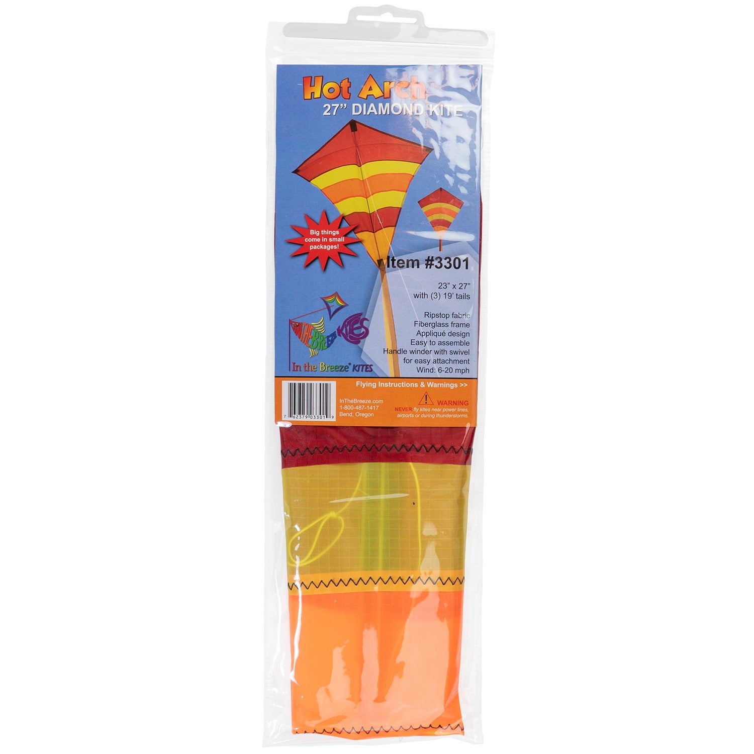 Hot Arch 27\" Diamond Kite with vibrant colors and 19-foot tails soaring in a clear blue sky, perfect for family outdoor activities.