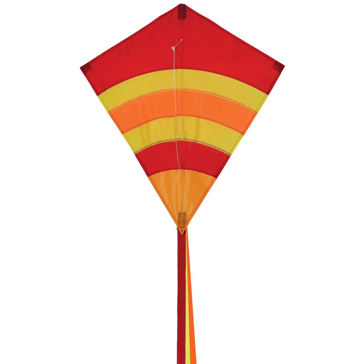 Hot Arch 27\" Diamond Kite with vibrant colors and 19-foot tails soaring in a clear blue sky, perfect for family outdoor activities.