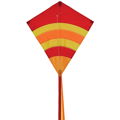 Hot Arch 27\" Diamond Kite with vibrant colors and 19-foot tails soaring in a clear blue sky, perfect for family outdoor activities.
