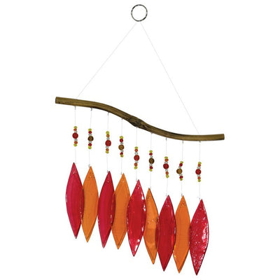 Hot Glass and Bead Wind Chime featuring colorful translucent glass and bamboo hanging bar, catching sunlight with vibrant reflections.