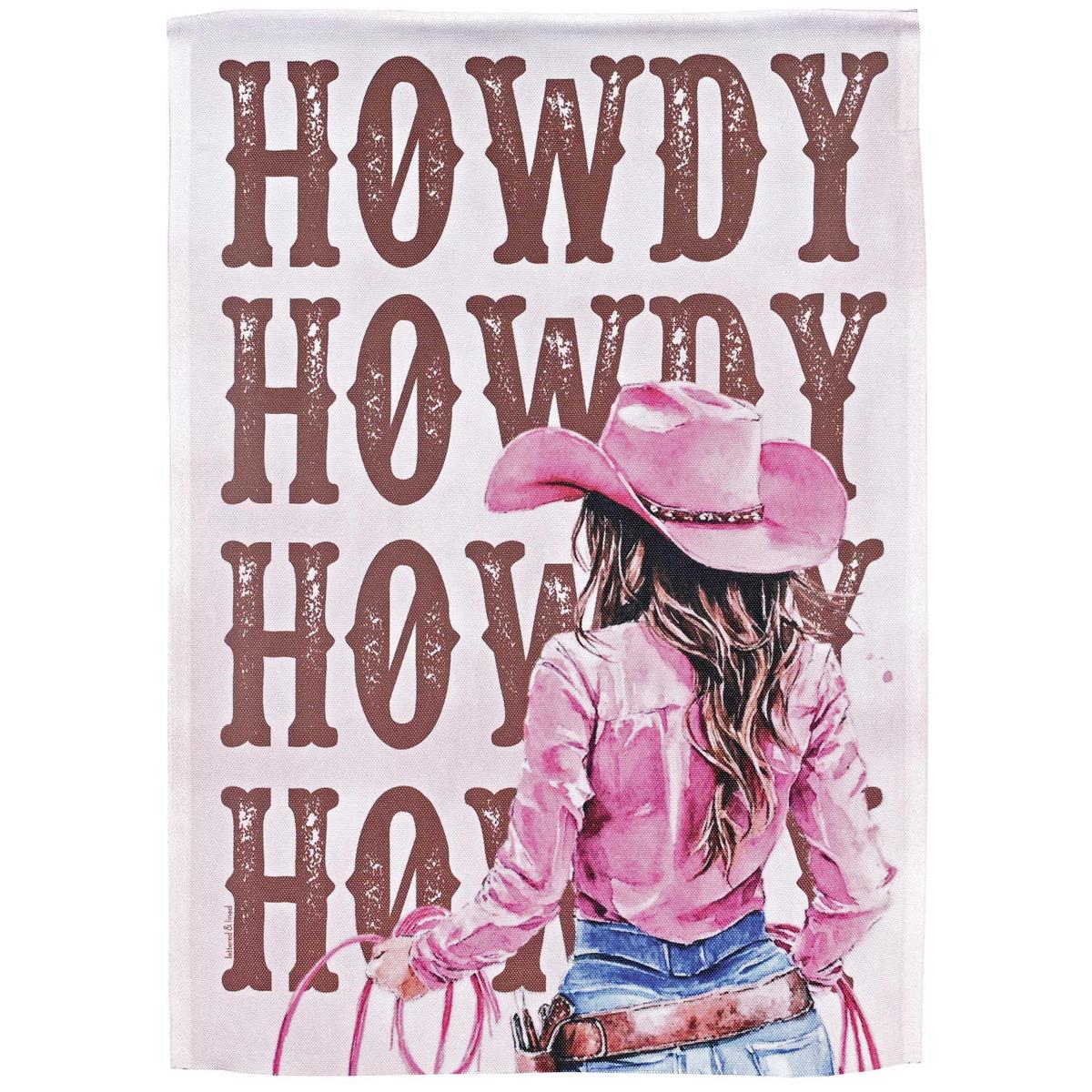 Howdy Cowgirl garden flag in vivid colors displayed outdoors, made of heavy-duty polyester and measuring 13x18 inches, showcasing a stained glass effect.