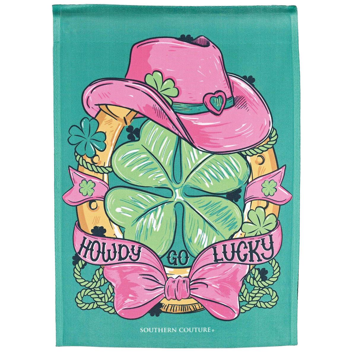 Howdy Go Lucky garden flag featuring a cheerful design, displayed in a vibrant outdoor setting, radiating warmth and friendliness.