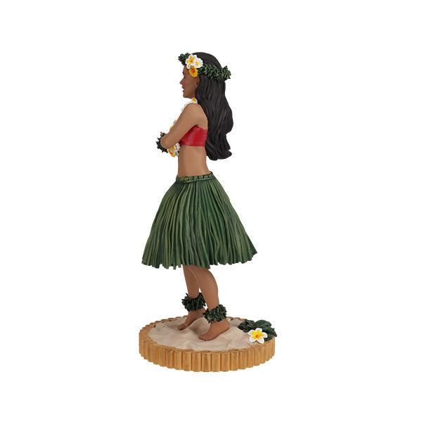 Hula Girl Bobblehips 6.5-inch hand-painted bobblehead depicting a hula dancer swaying with tropical flowers on a sandy beach.