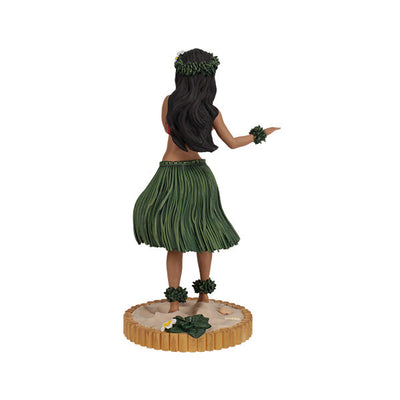 Hula Girl Bobblehips 6.5-inch hand-painted bobblehead depicting a hula dancer swaying with tropical flowers on a sandy beach.