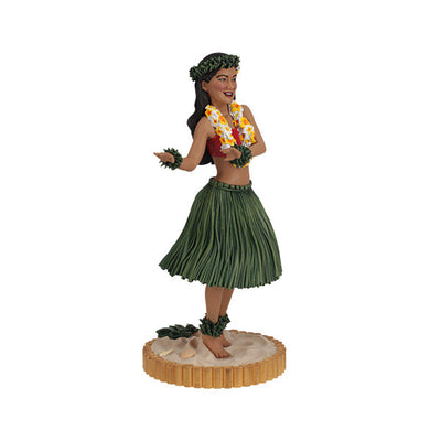 Hula Girl Bobblehips 6.5-inch hand-painted bobblehead depicting a hula dancer swaying with tropical flowers on a sandy beach.