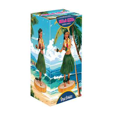 Hula Girl Bobblehips 6.5-inch hand-painted bobblehead depicting a hula dancer swaying with tropical flowers on a sandy beach.