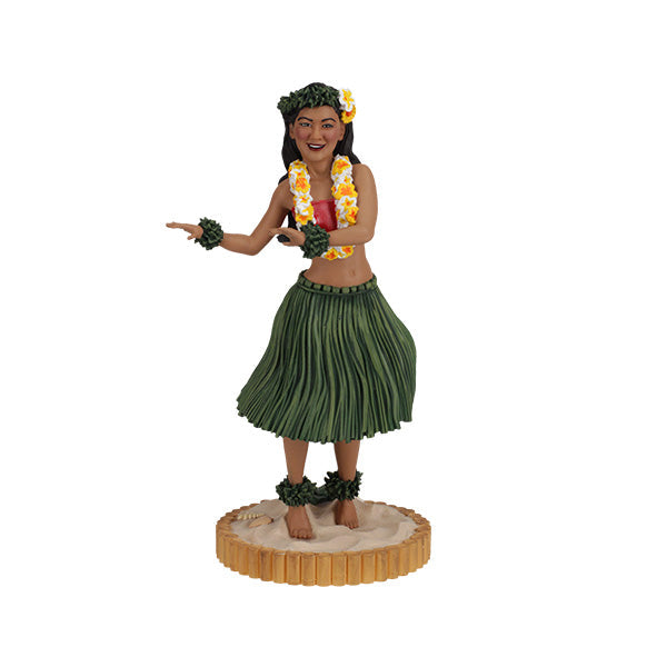 Hula Girl Bobblehips 6.5-inch hand-painted bobblehead depicting a hula dancer swaying with tropical flowers on a sandy beach.