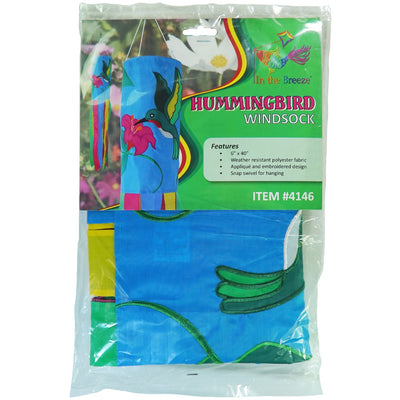 Hummingbird 40" windsock displaying bright colors and embroidered graphics, elegantly fluttering in the breeze against a blue sky.
