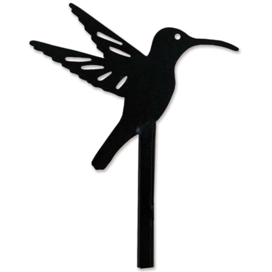 Hummingbird Flag Finial, an 8-inch decorative garden accent featuring a detailed hummingbird design atop a flag pole in a vibrant garden setting.