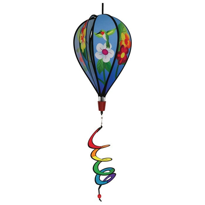 Hummingbird Flowers Hot Air Balloon spinner with colorful flower and hummingbird designs, spinning gracefully in an outdoor setting.
