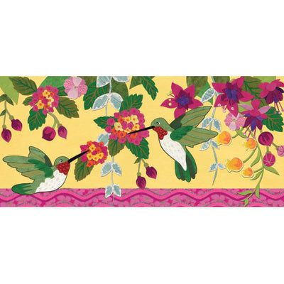 Vibrant 40-inch Hummingbird Fuchsia windsock with vivid hummingbird designs fluttering in a gentle breeze in an outdoor setting.