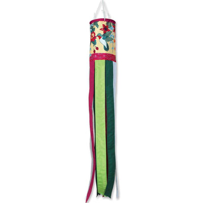 Vibrant 40-inch Hummingbird Fuchsia windsock with vivid hummingbird designs fluttering in a gentle breeze in an outdoor setting.