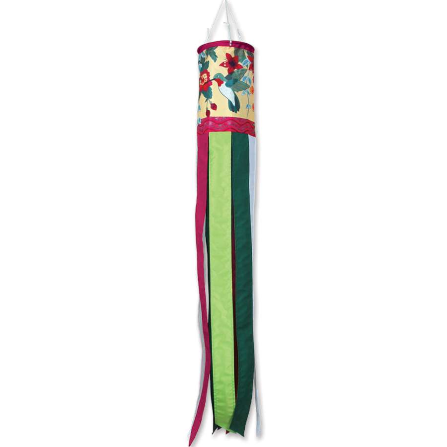 Vibrant 40-inch Hummingbird Fuchsia windsock with vivid hummingbird designs fluttering in a gentle breeze in an outdoor setting.