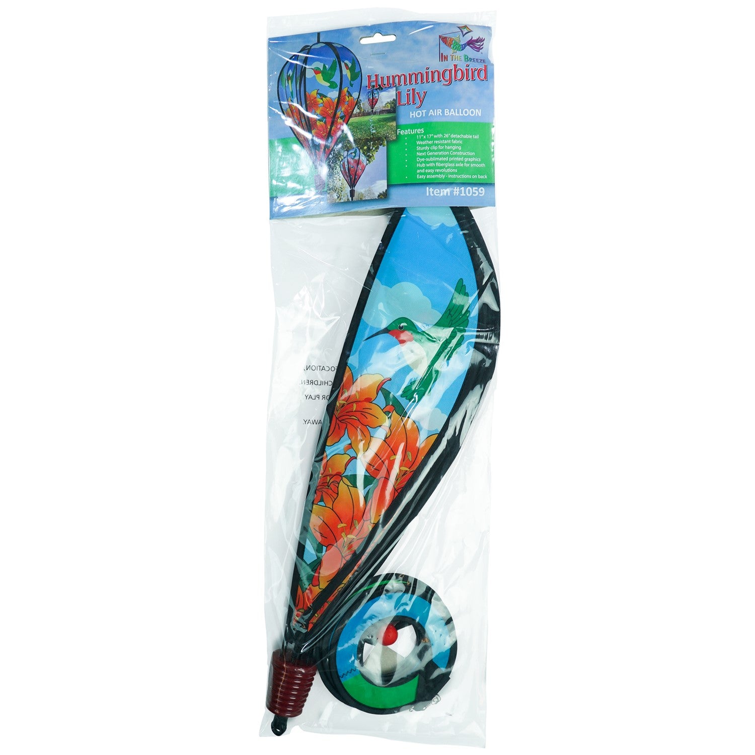 Hummingbird Lily Hot Air Balloon garden decor, showcasing vivid imagery of hummingbirds and lily flowers, spinning gently in the breeze.