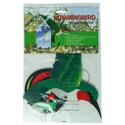 Hummingbird Theme Twister with moveable wings and curlie tail hanging in a garden, displaying vibrant colors and 3D design.