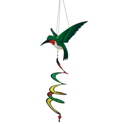 Hummingbird Theme Twister with moveable wings and curlie tail hanging in a garden, displaying vibrant colors and 3D design.