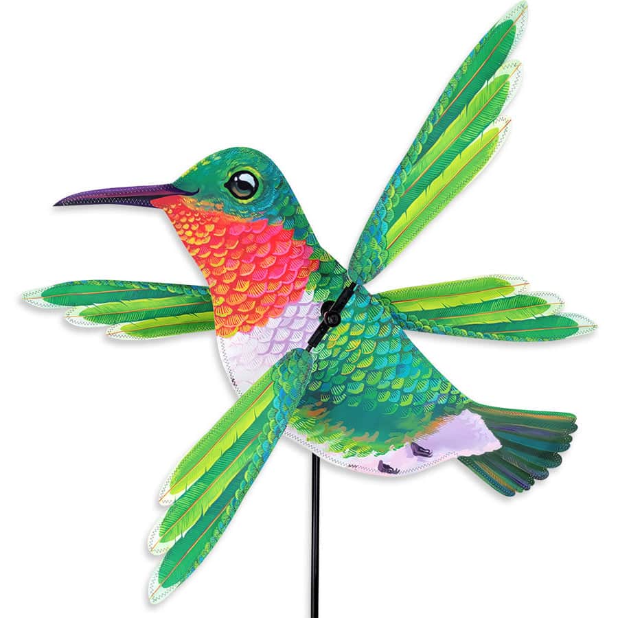 Hummingbird-themed spinner made of UV-resistant fabric with fiberglass pole, perfect for adding movement and whimsy to planters and garden beds.