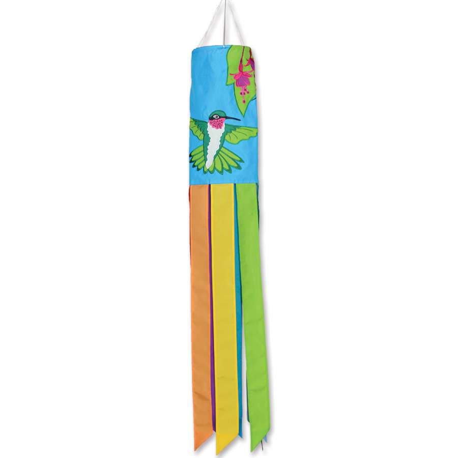 Vibrant Hummingbird windsock measuring 40 inches with embroidered applique design, fluttering beautifully in a garden setting.