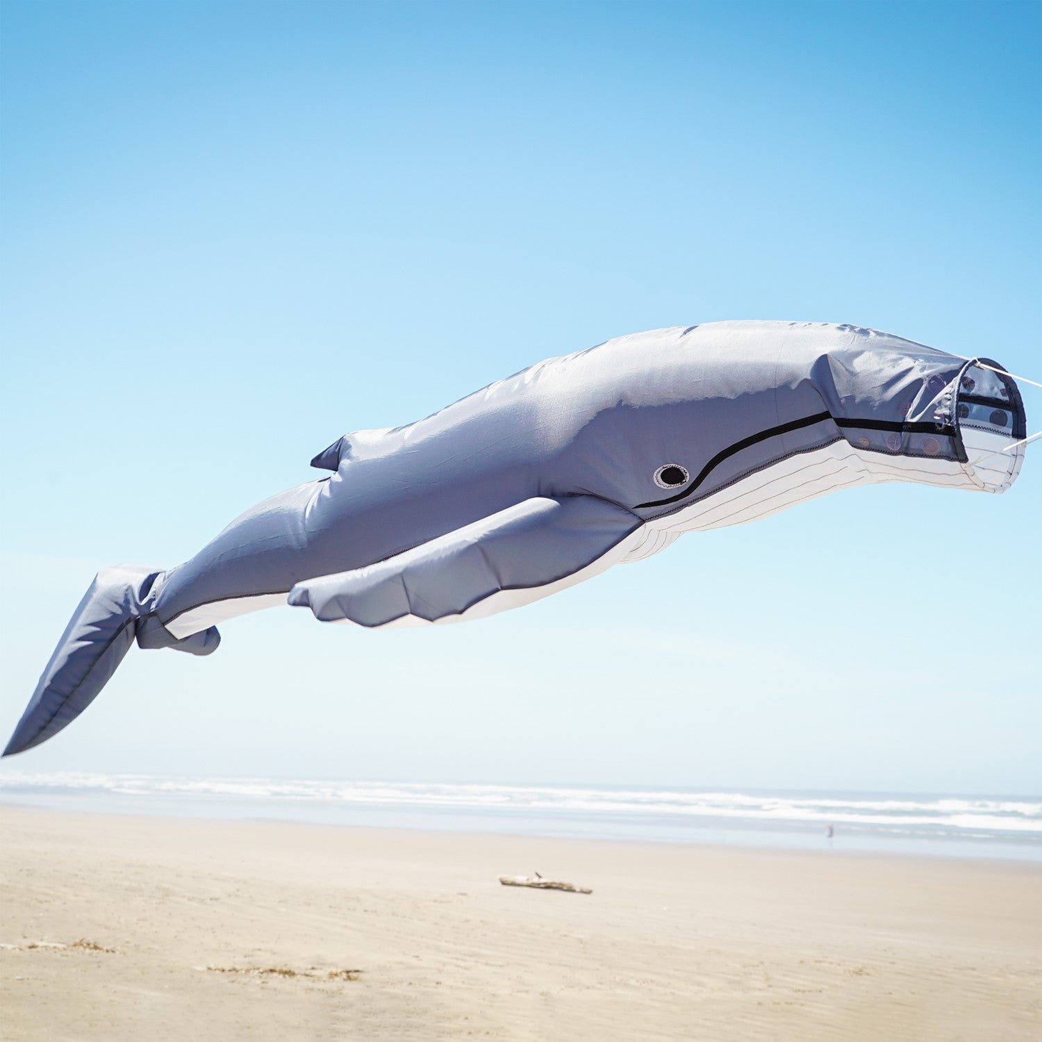 Humpback Big Breeze WindsockTM in a vibrant 3D design displayed in an outdoor garden, showcasing a whale in motion against the breeze.
