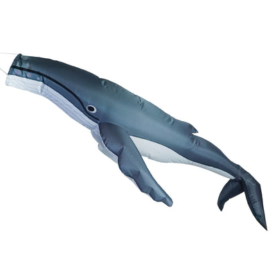 Humpback Big Breeze WindsockTM in a vibrant 3D design displayed in an outdoor garden, showcasing a whale in motion against the breeze.