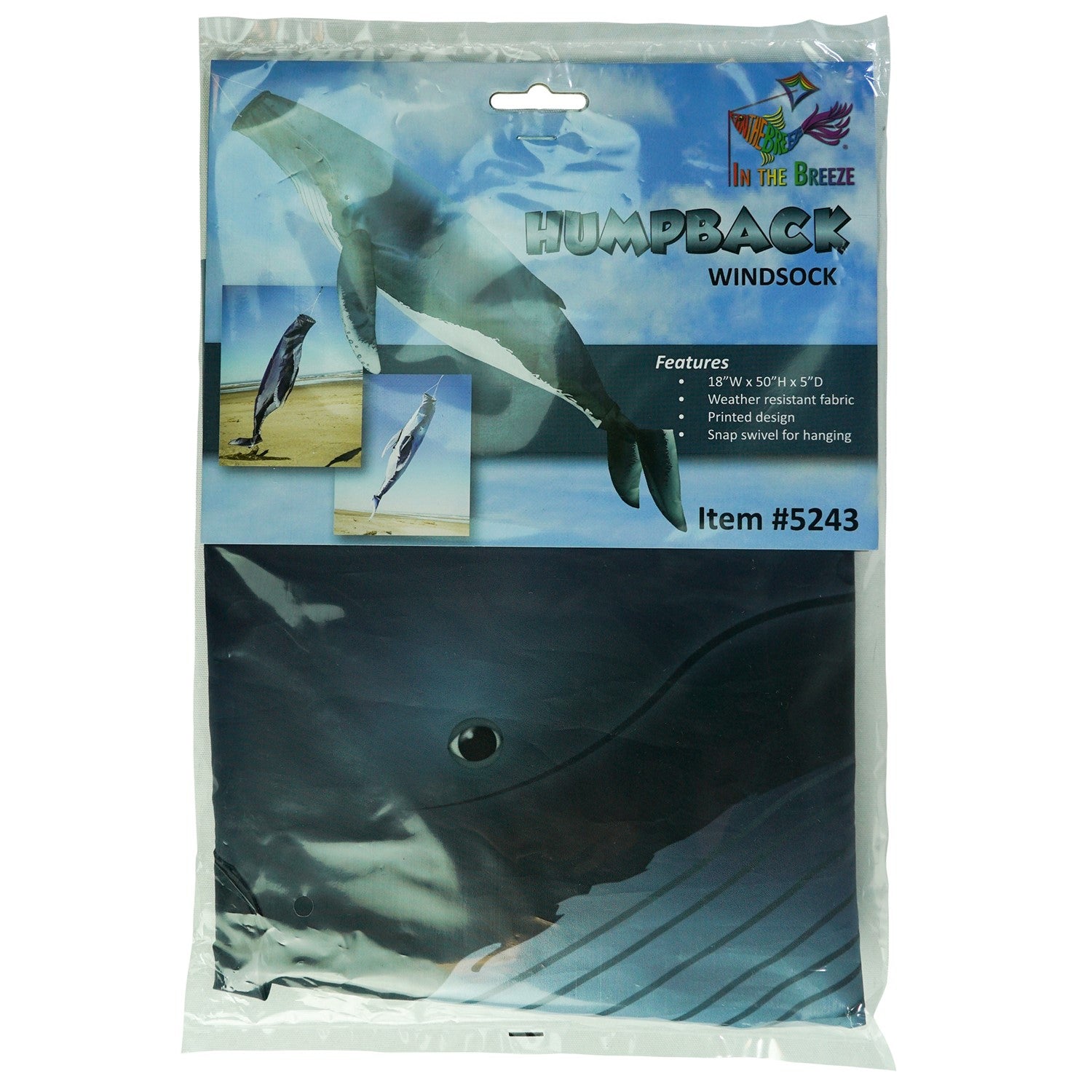 Humpback Whale 48-Inch Fish Windsock with detailed printing, inflating in the wind, hanging against an outdoor backdrop.