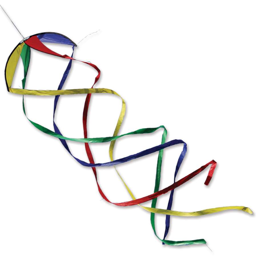 22-inch Hypno Twister kite tail with a vibrant rainbow design and squared ends, spinning in the breeze at a outdoor kite display.