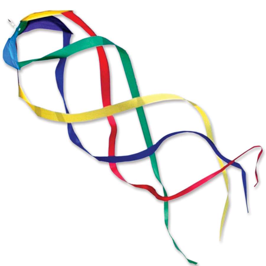 Hypno Twister 34-inch rainbow kite tail spinning in the sky, showing vibrant colors and hypnotic motion against a clear background.
