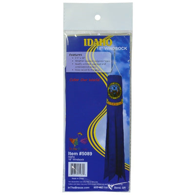 Idaho 18-inch windsock showcasing vibrant colors with applique designs hanging from a pole, fluttering gracefully in the wind.