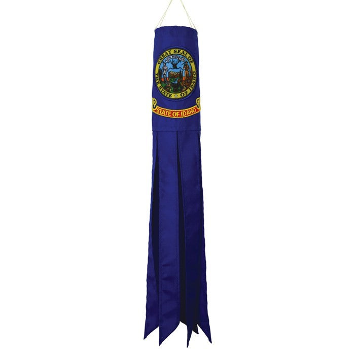 Idaho 18-inch windsock showcasing vibrant colors with applique designs hanging from a pole, fluttering gracefully in the wind.