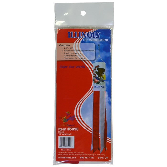 Illinois 18 inch windsock with colorful appliques and embroidered accents hanging in a garden, showcasing state pride in the breeze.
