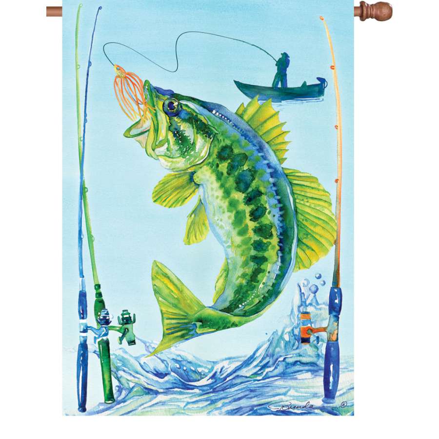 Illuminated 28 in. flag featuring a vibrant bass design displayed outdoors, showcasing bright colors and soft LED lights at night.