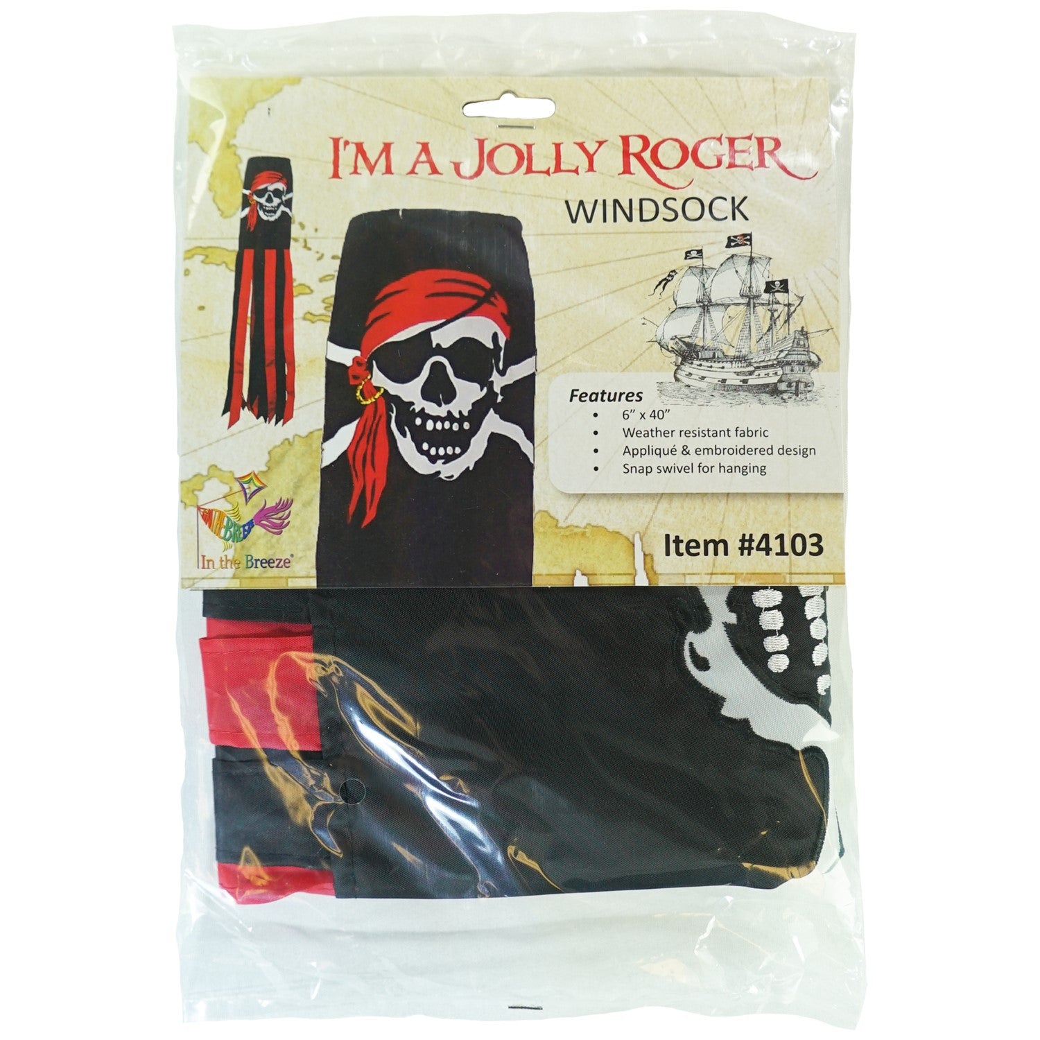 I'm a Jolly Roger 40" Windsock featuring a detailed pirate design with headscarf and gold earring, fluttering with vibrant tails in an outdoor setting.