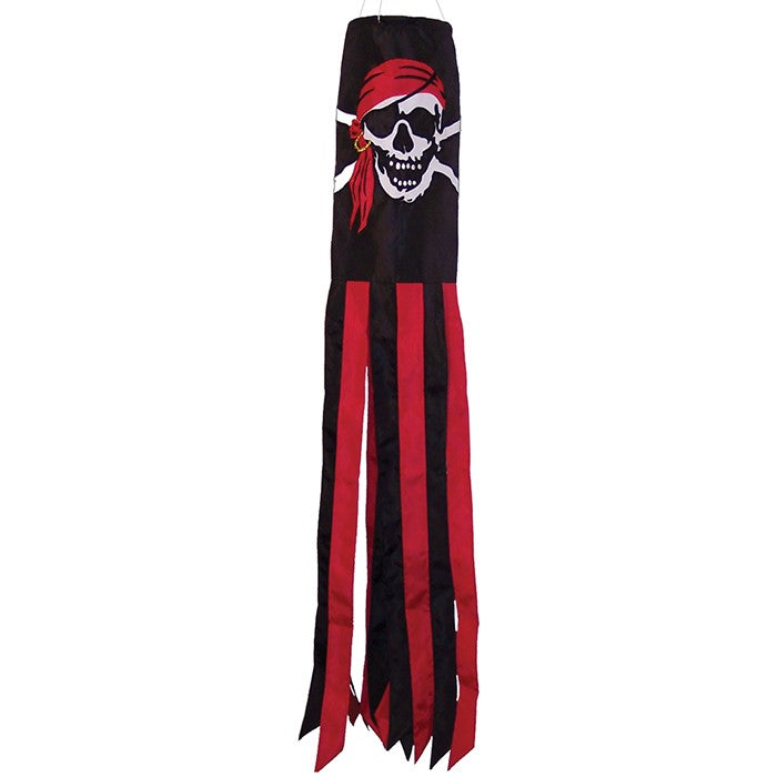 I'm a Jolly Roger 40" Windsock featuring a detailed pirate design with headscarf and gold earring, fluttering with vibrant tails in an outdoor setting.