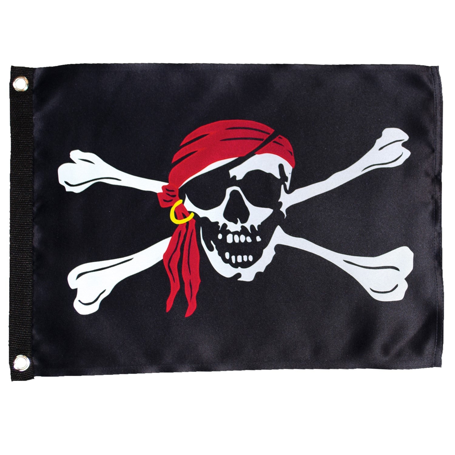 I'm a Jolly Roger Lustre 12x18 Grommet Flag featuring skull and crossbones design, displayed on a flagpole in a vibrant setting.