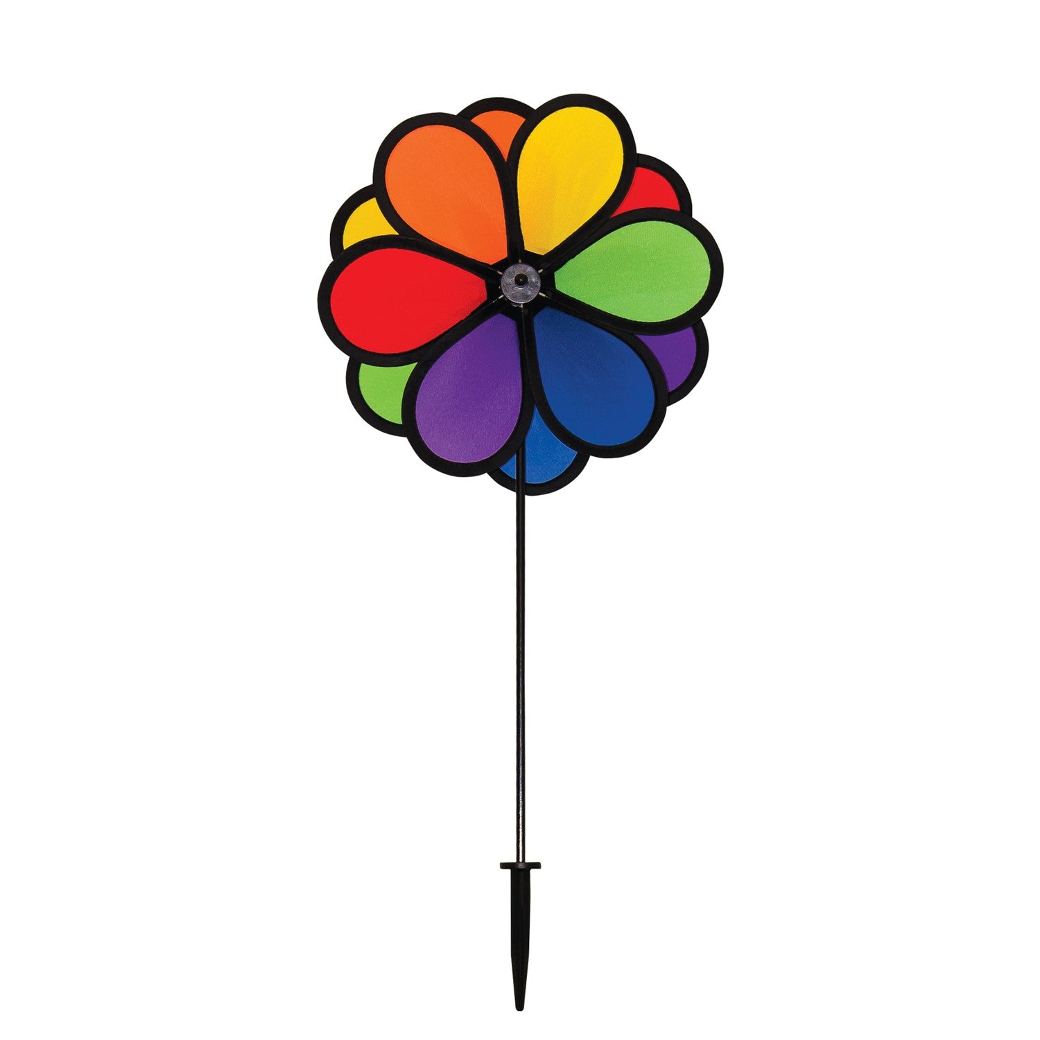 Alt text: "10-inch double flower spinner with two vibrant rainbow flower wheels rotating in opposite directions, displayed in a garden setting.
