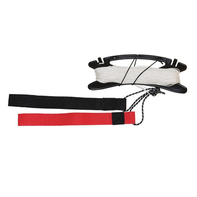 Alt Text: "100# x 80' braided polyester kite line set with color-coordinated straps and line winder, ideal for two-line kites, displayed in an outdoor setting.