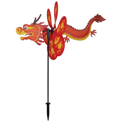 Alt text: "12-inch Dragon Spinner with vibrant red dragon and flying petal design, elegantly displayed in a garden setting.
