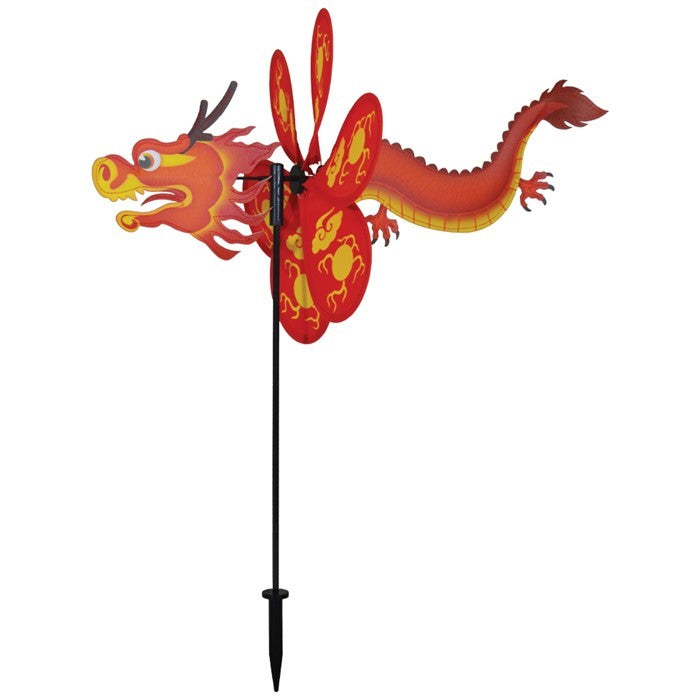 Alt text: "12-inch Dragon Spinner with vibrant red dragon and flying petal design, elegantly displayed in a garden setting.