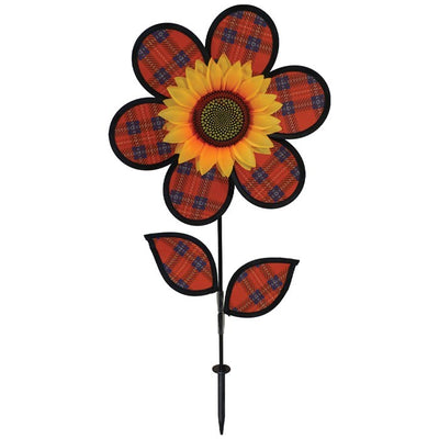 Alt text: "12-inch Red Plaid Flower with Leaves garden spinner featuring vibrant plaid petals and detailed sunflower center, displayed outdoors.