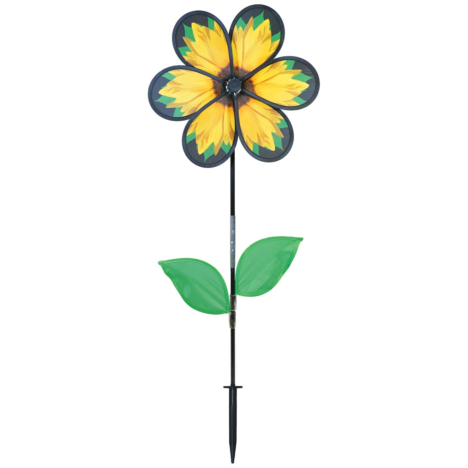 Alt Text: 13.5" sunflower spinner with six petals and green leaves displayed in a garden, twisting gently in the breeze on a fiberglass pole.
