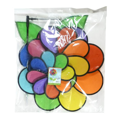 Alt Text: "Vibrant 24 Petal Flower spinning in the garden with colorful petals and leaves attached to a fiberglass stem, showcasing a delightful outdoor decor option.