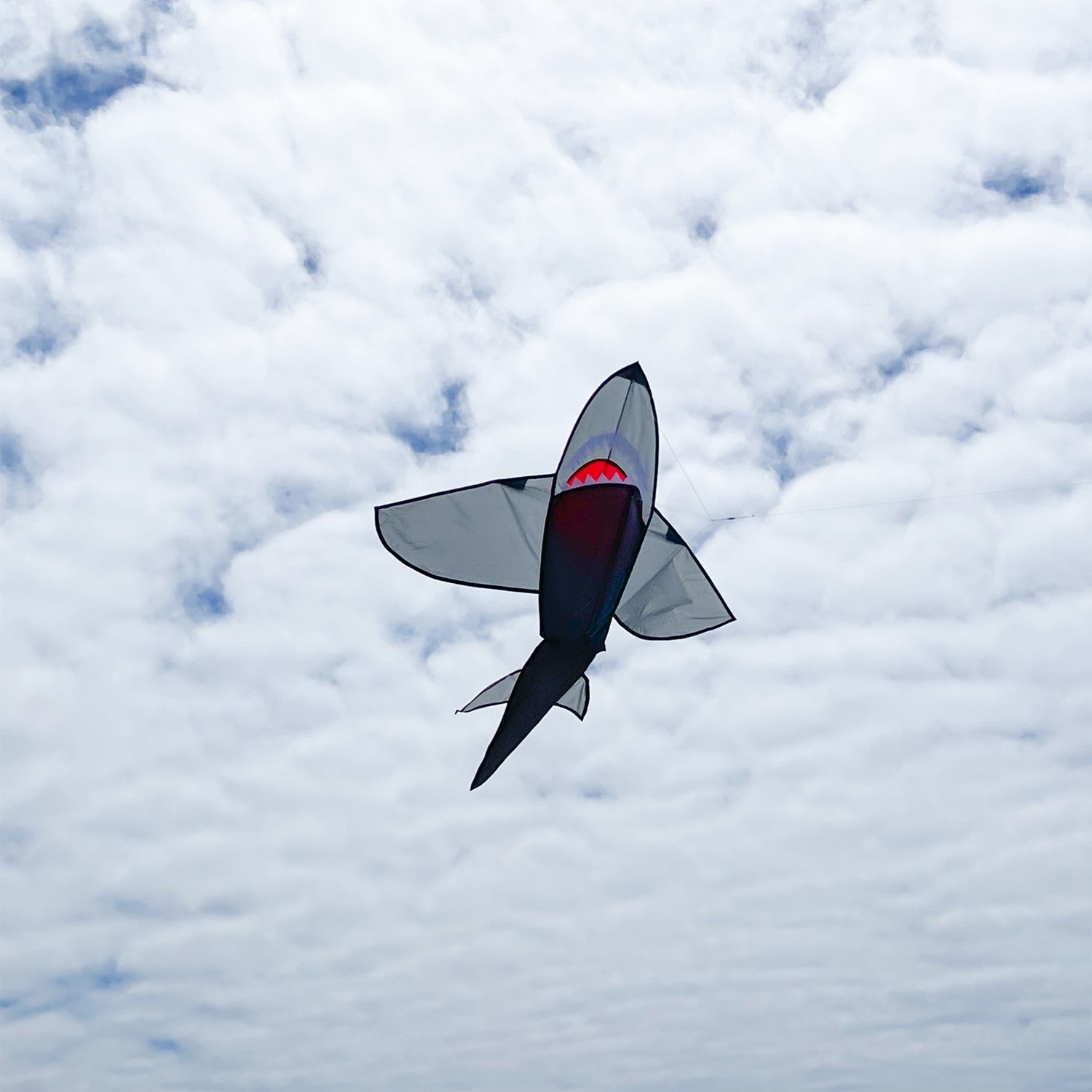 Alt text: "5' 3D Grey Shark Kite soaring in a blue sky, showcasing its 3D design, vibrant colors, and realistic shark features.